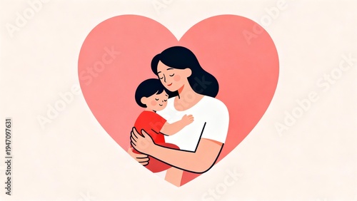 Loving Mother Hugging Child with Pink Heart Background for Mothers Day Greeting Card and Maternal Bond Vector Illustration