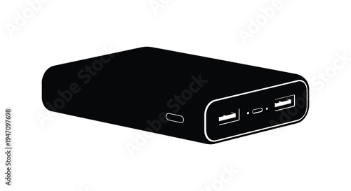 A simple black power bank depicted with usb ports showing its design and functionality as a silhouette