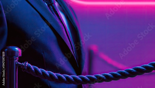 Elegant Man in Suit Behind Velvet Rope with Neon Lights.
