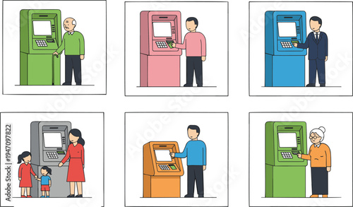 Set of flat vector illustrations featuring diverse people using automated teller machines for banking financial transactions and cash withdrawal services in a clean cartoon style.