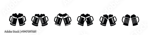 Beer toast celebration and brewery pub silhouette icon featuring foam draft mug cheers, alcohol drink festival party refreshment more vector illustration or editable stroke.