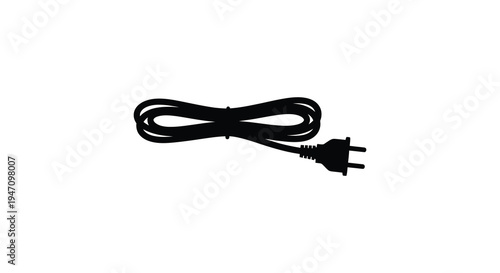 A black electric power cord with a two prong plug is displayed against a plain white background silhouette