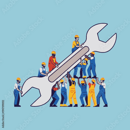 Teamwork concept with workers holding large wrench.