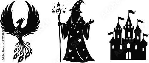 Fantasy silhouettes of a phoenix wizard and medieval castle