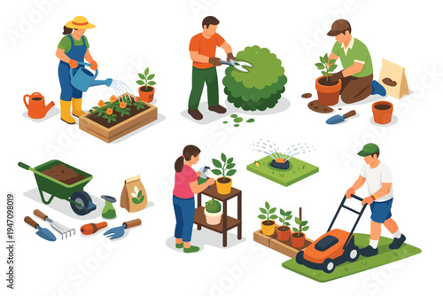People engaging in various gardening activities.