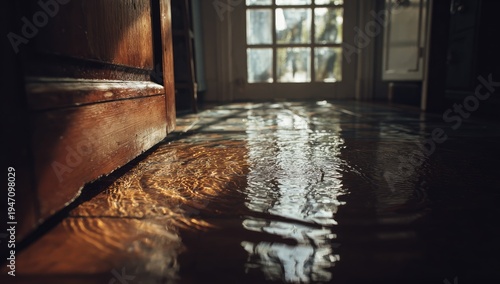 Sunlight Reflecting on Flooded Floor Inside Old House.