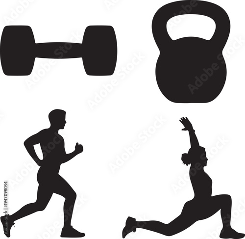 Fitness Workout Exercise Icon Set Running Lunge Dumbbell Kettlebell Silhouette Vector