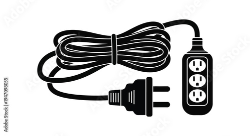 A black and white illustration depicts a power strip with cords showcasing a minimalist silhouette high quality professional