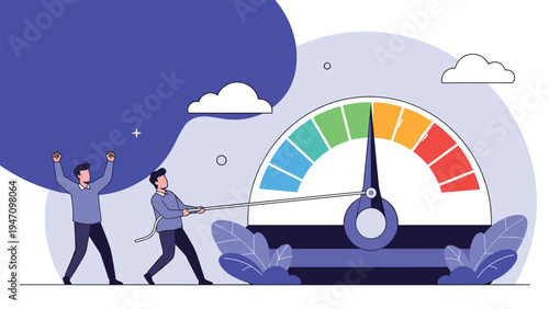 Two men pulling a gauge needle with a rope to reach the maximum performance level on a colorful dashboard representing improvement and success.