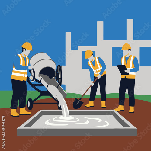 Construction workers pouring concrete on site.