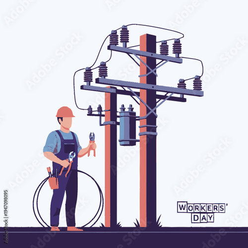 Electrician working on power line tower.