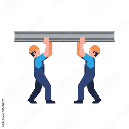 Two workers lifting a heavy metal beam.