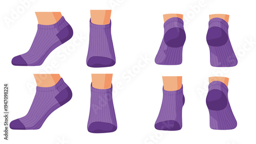 Multiple views of a human foot wearing a purple ankle sock from different angles including side, front, and back for product display.