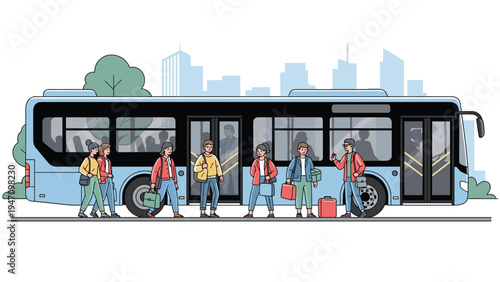 Diverse group of commuters with bags and luggage are waiting to board or getting off a modern blue city bus in an urban environment.
