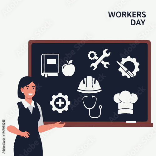 Workers Day celebration with icons.