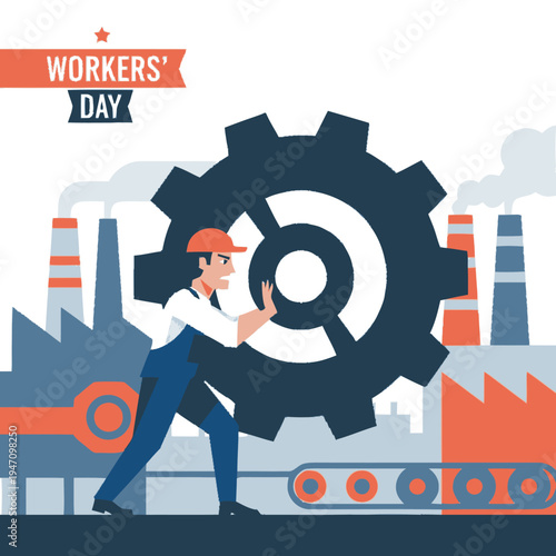 Workers' Day illustration with industrial worker turning gear.