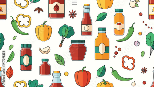 Healthy food seamless pattern depicts various condiment bottles, jars, fresh peppers, garlic, and green leaves on a clean white background.
