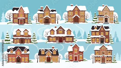 Charming winter village scene displays cozy suburban houses covered in white snow with decorated pine trees and lit windows in the evening.