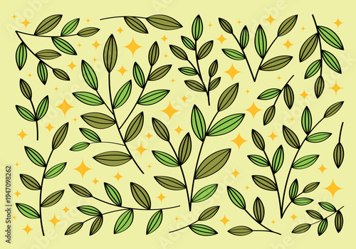 Set of hand drawn branches and leaves of bushes and trees. Aesthetic collection of plant icons. Ideal for decorating and framing flyers, greeting cards, stickers, posters, invitations, social media.