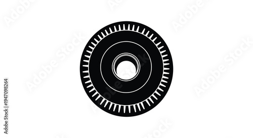 A stark black circular gear with multiple teeth and inner rings is presented as a clean silhouette