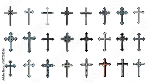 Large set of diverse Christian cross symbols and religious crucifixes are displayed in various artistic styles and ornate designs for church use.