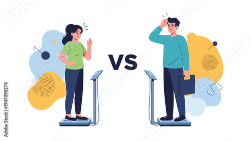 Concerned man and woman stand on electronic weight scales reflecting their health and fitness goals against a colorful abstract background.