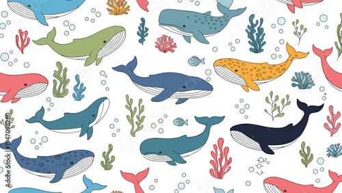 Playful sea life seamless pattern features different species of whales swimming among coral reefs and seaweed in a bright ocean environment.