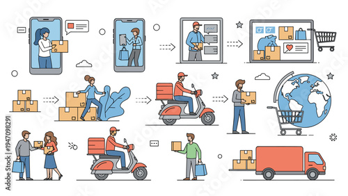 Detailed infographic illustrates the complete e-commerce journey from online shopping on a smartphone to final package delivery by scooter and truck.