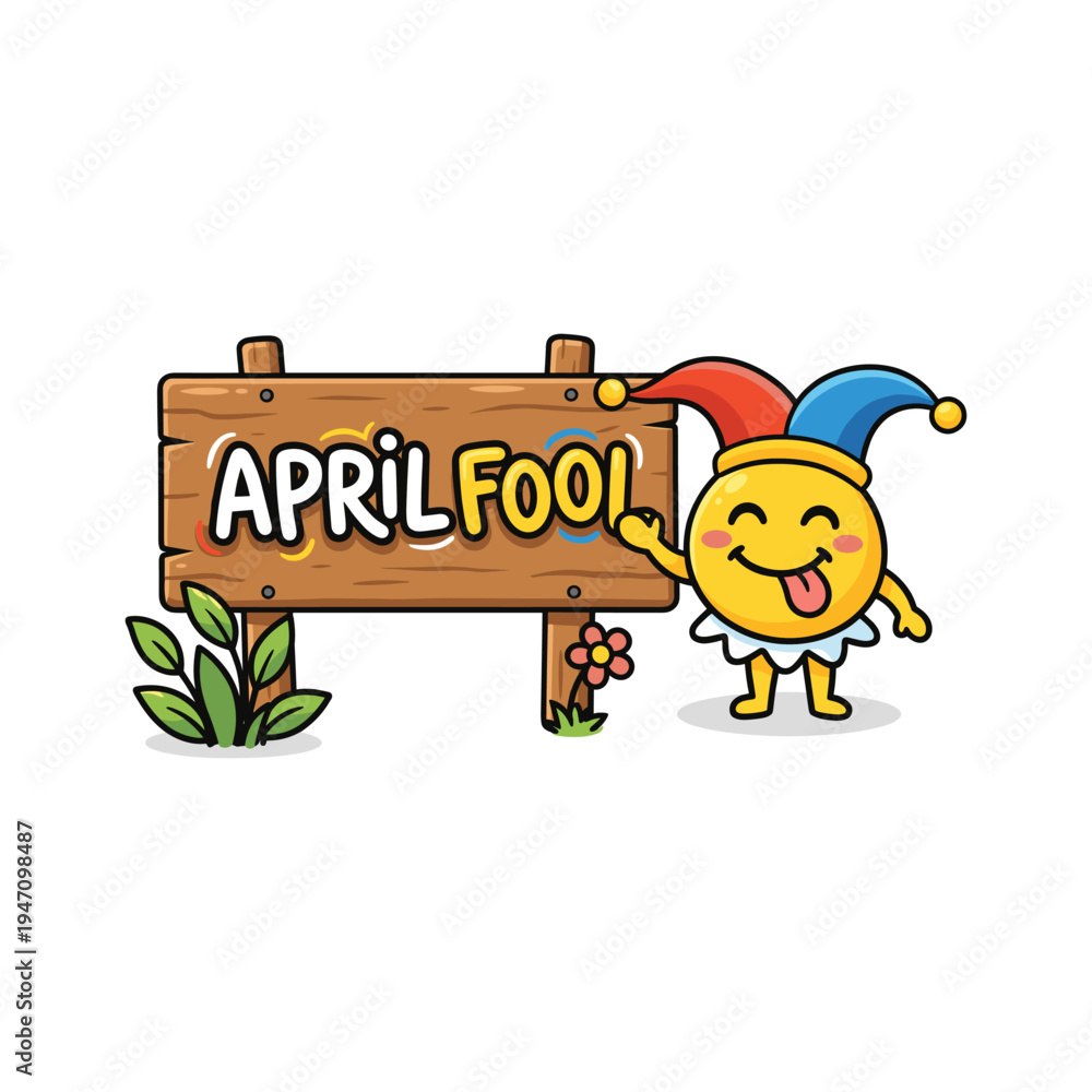 Fototapeta premium Funny April Fools Sign Cartoon Emoji with Jester Hat and Wooden Board Illustration