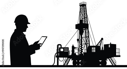 A worker uses a digital tablet while inspecting an oil drilling rig against a bright white background silhouette