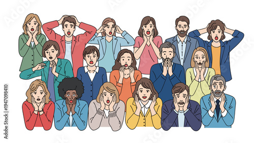 Diverse group of people shows extreme shock, surprise, and disbelief with hands on faces in a collective reaction to startling news.