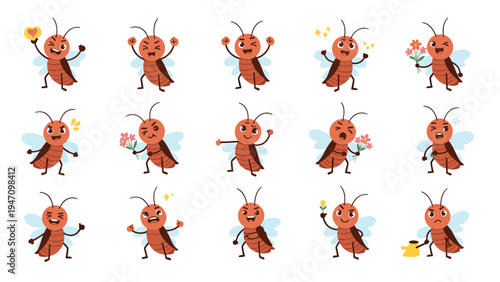 Funny collection of cartoon cockroach characters displays various emotions and activities including love, anger, and gardening for social media.
