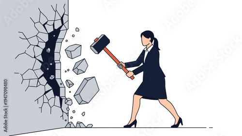 Determined businesswoman uses a heavy sledgehammer to break through a stone wall symbolizing overcoming obstacles and achieving success.