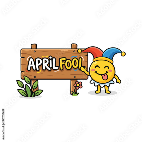 Funny April Fools Sign Cartoon Emoji with Jester Hat and Wooden Board Illustration