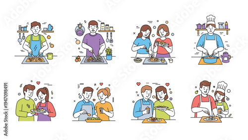 Set of illustrations shows happy couples and individuals engaged in various cooking activities and preparing delicious meals in the kitchen.