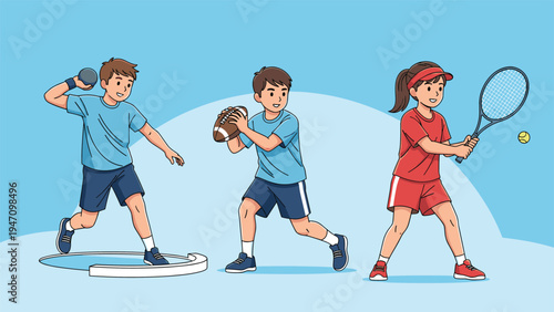 Energetic group of young athletes participates in shot put, American football, and tennis against a soft blue background.