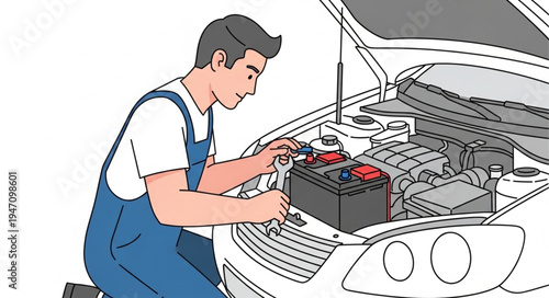 Mechanic working on car battery.
