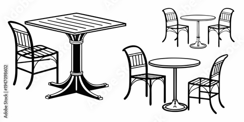 A variety of tables and chairs in a minimalist black and white illustration