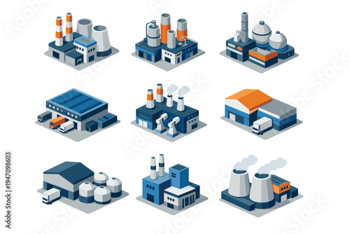 Collection of industrial factory buildings and facilities.