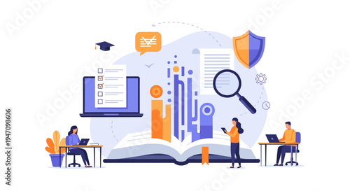 E-learning, Research, and Knowledge Management Concept. Students auditing data and studying on an online education platform.