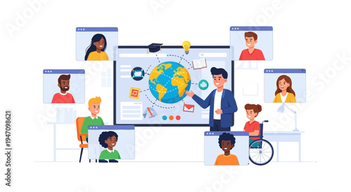 Global E-Learning Classroom: Diverse Students Connect to a Virtual Teacher via Video Conference for International Distance Education.