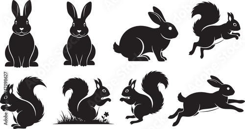 Rabbits and Squirrels Silhouettes in Two-dimensional Style