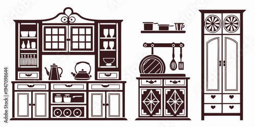 A vintage kitchen interior with wooden cabinets and a classic stove.