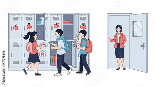 Friendly school scene features students chatting and organizing their lockers while a teacher looks on from an open doorway.