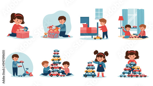 Set of illustrations shows young boys and girls happily playing with toy car collections and soft plush animals in their rooms.
