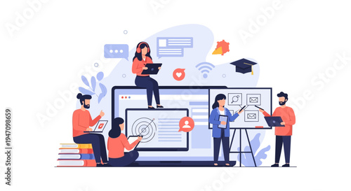 E-Learning and Online Training Concept. Group of students and professionals collaborate digitally on a large laptop screen, attending virtual classes or distant courses.