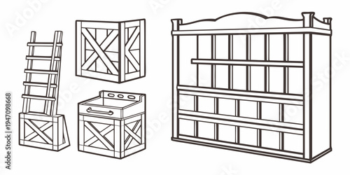 Various wooden crates and shelves in different sizes and configurations