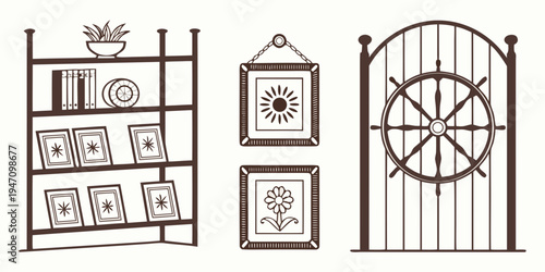 A vintage wall display featuring a variety of decorative items and a large round mirror.