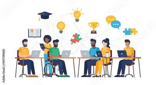 Diverse Team Collaboration and E-Learning Concept. Group of People Working on Laptops Surrounded by Ideas, Achievement, and Education Icons.