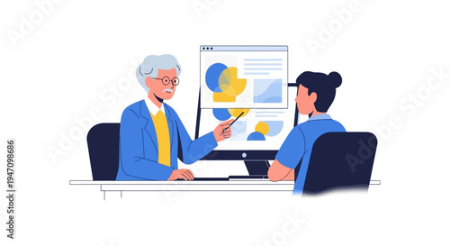 Business Consulting and Data Analysis Mentorship. Expert explaining financial charts and statistics on a computer screen to a colleague in a professional setting.
